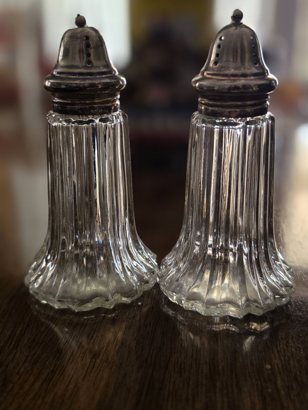Vintage Fluted Glass Salt & Pepper Shakers with Silver-Tone Tops
